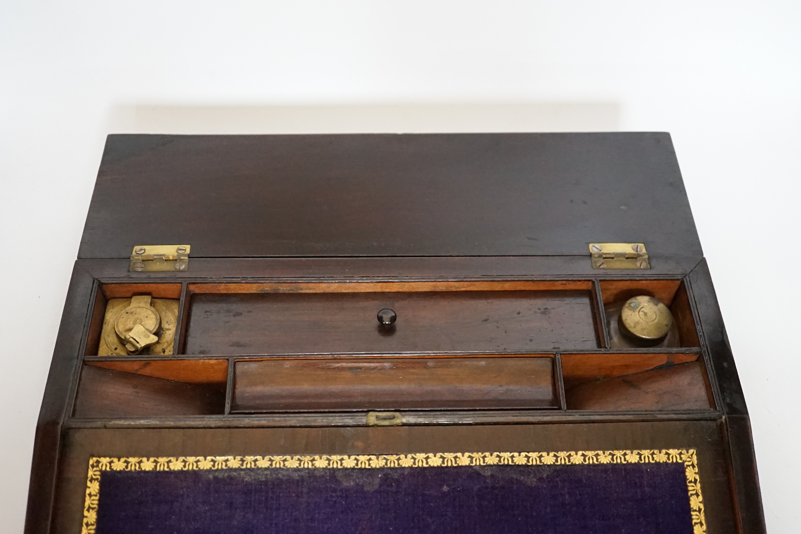 A Victorian mother of pearl inlaid rosewood writing slope, 35.5cm wide